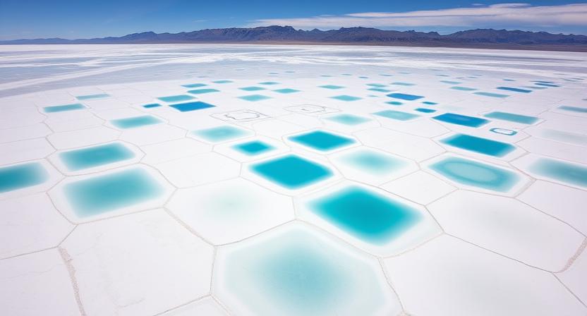 Aerial panoramic view of vast white salt flats in the Andes Mountains, showing geometric patterns of lithium brine pools in turquoise and white colors, with mountain ranges in the background, photorealistic, high resolution