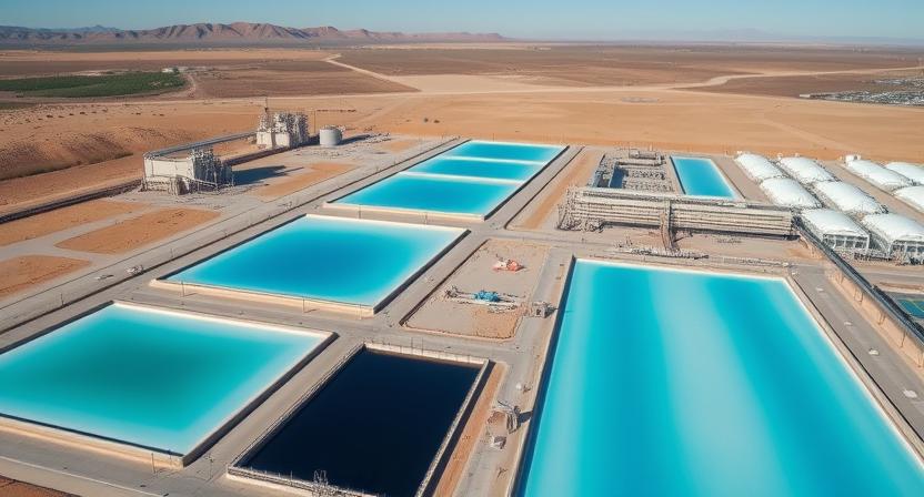 Modern industrial lithium extraction facility with large rectangular evaporation pools in gradient colors from deep blue to white, processing equipment and buildings, set against desert landscape, drone photography style