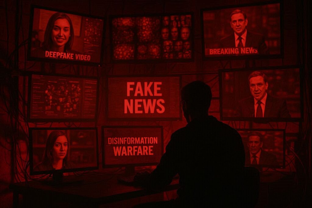 Deepfake creation laboratory with multiple screens showing AI-generated synthetic media, fake news headlines, and manipulated videos, person silhouette working at computer, ominous red lighting, representing information warfare threat
