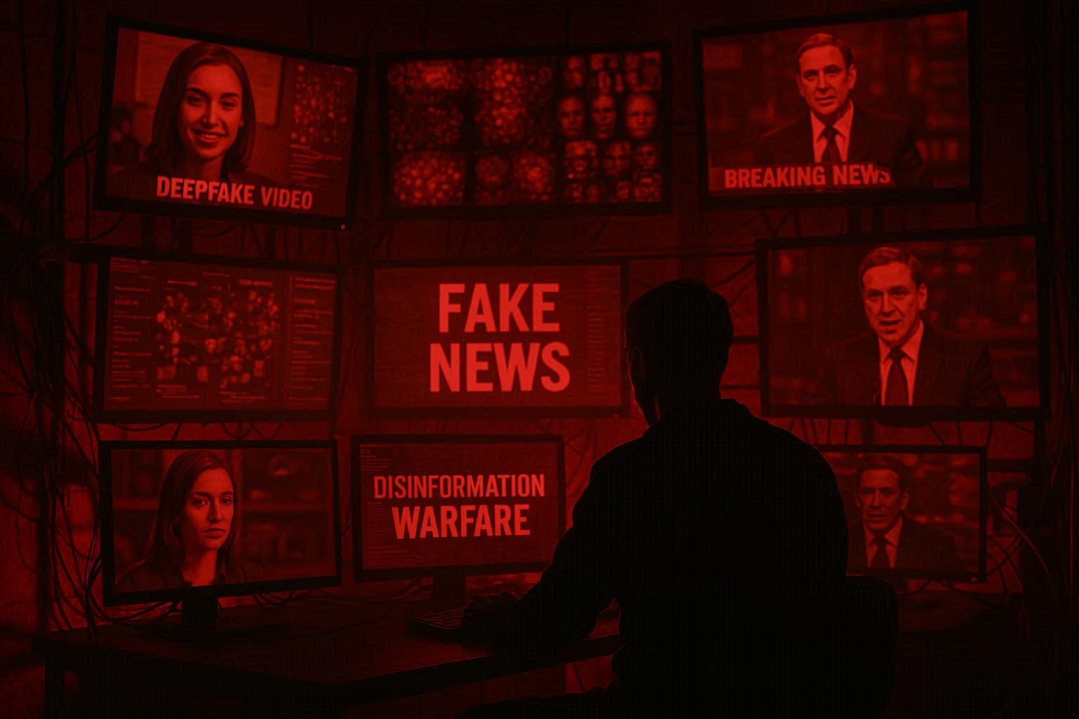 Deepfake creation laboratory with multiple screens showing AI-generated synthetic media, fake news headlines, and manipulated videos, person silhouette working at computer, ominous red lighting, representing information warfare threat