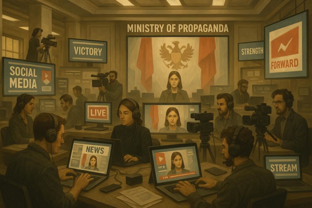 Modern propaganda ministry with journalists and content creators producing state media, screens showing coordinated messaging across multiple platforms, organized chaos of information warfare operations, institutional interior lighting