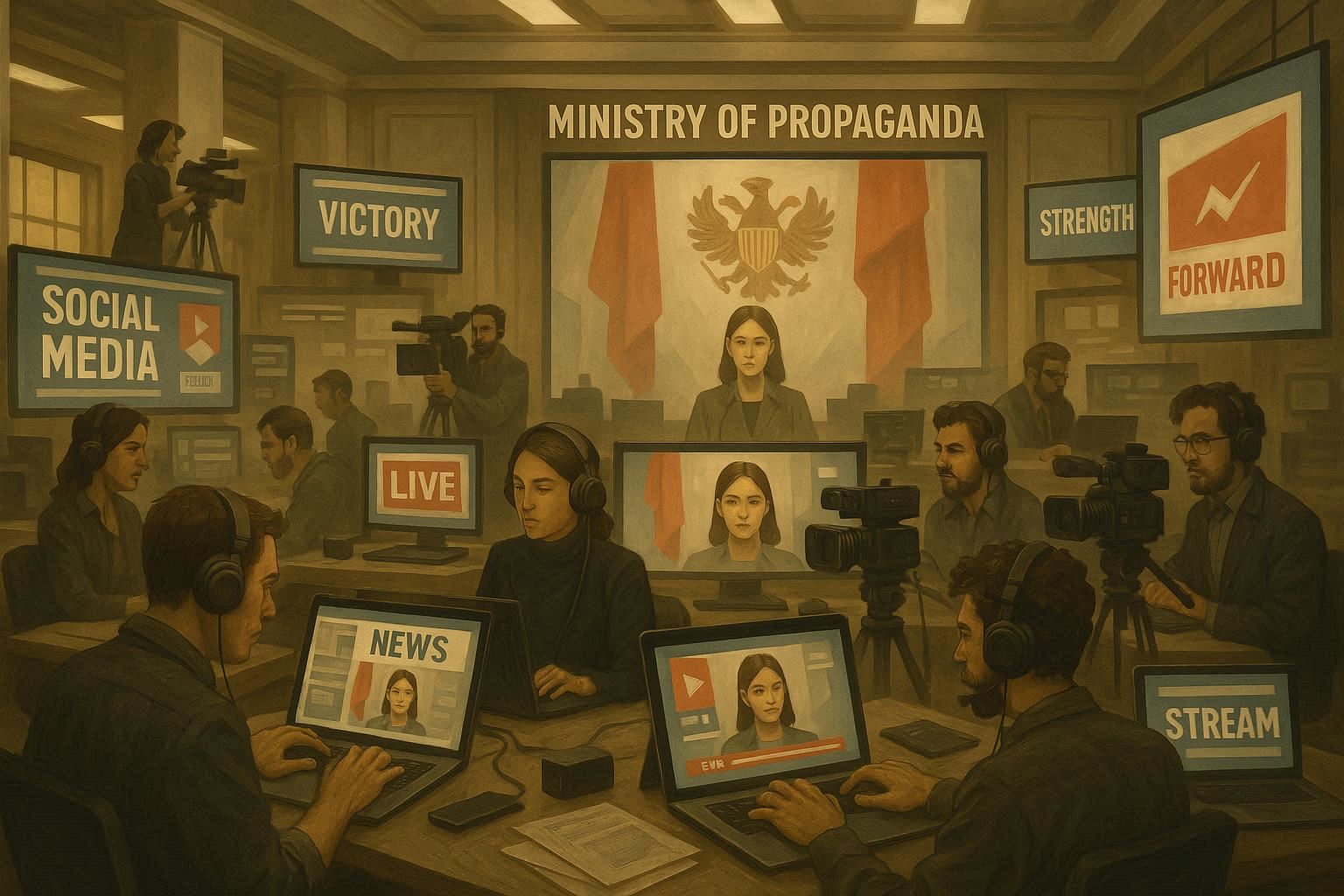 Modern propaganda ministry with journalists and content creators producing state media, screens showing coordinated messaging across multiple platforms, organized chaos of information warfare operations, institutional interior lighting