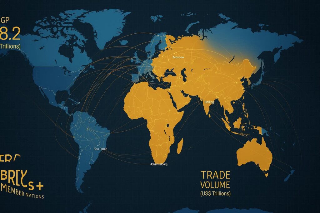 World map showing BRICS+ member nations and trade flow networks