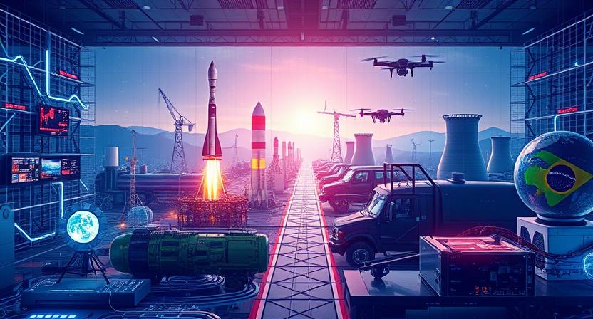 Technology showcase with quantum computers, space stations, and renewable energy systems