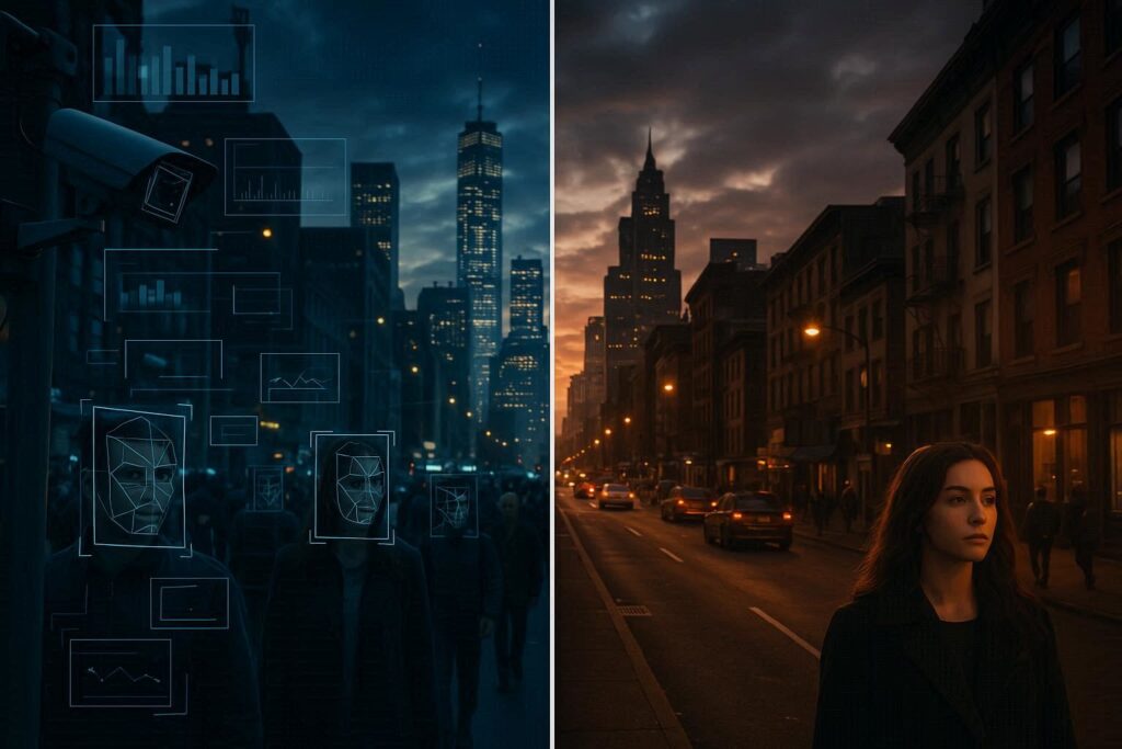Split-screen image showing AI-powered surveillance city on one side with facial recognition grids and monitoring systems, and traditional city on the other side, contrasting technological control versus freedom, dramatic lighting, photorealistic style