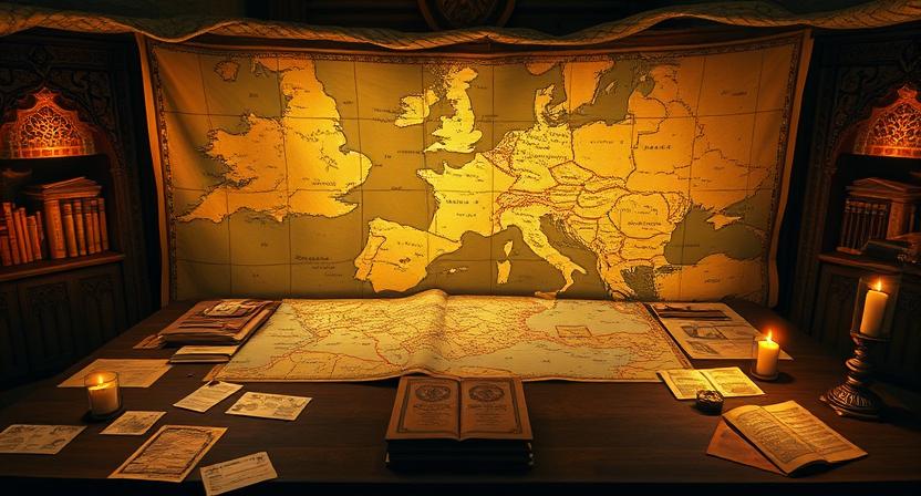 Photorealistic ancient map room with illuminated territorial maps showing empires and kingdoms, historical documents spread across wooden table, soft candlelight, conveying historical continuity of territorial ambitions, cinematic historical style