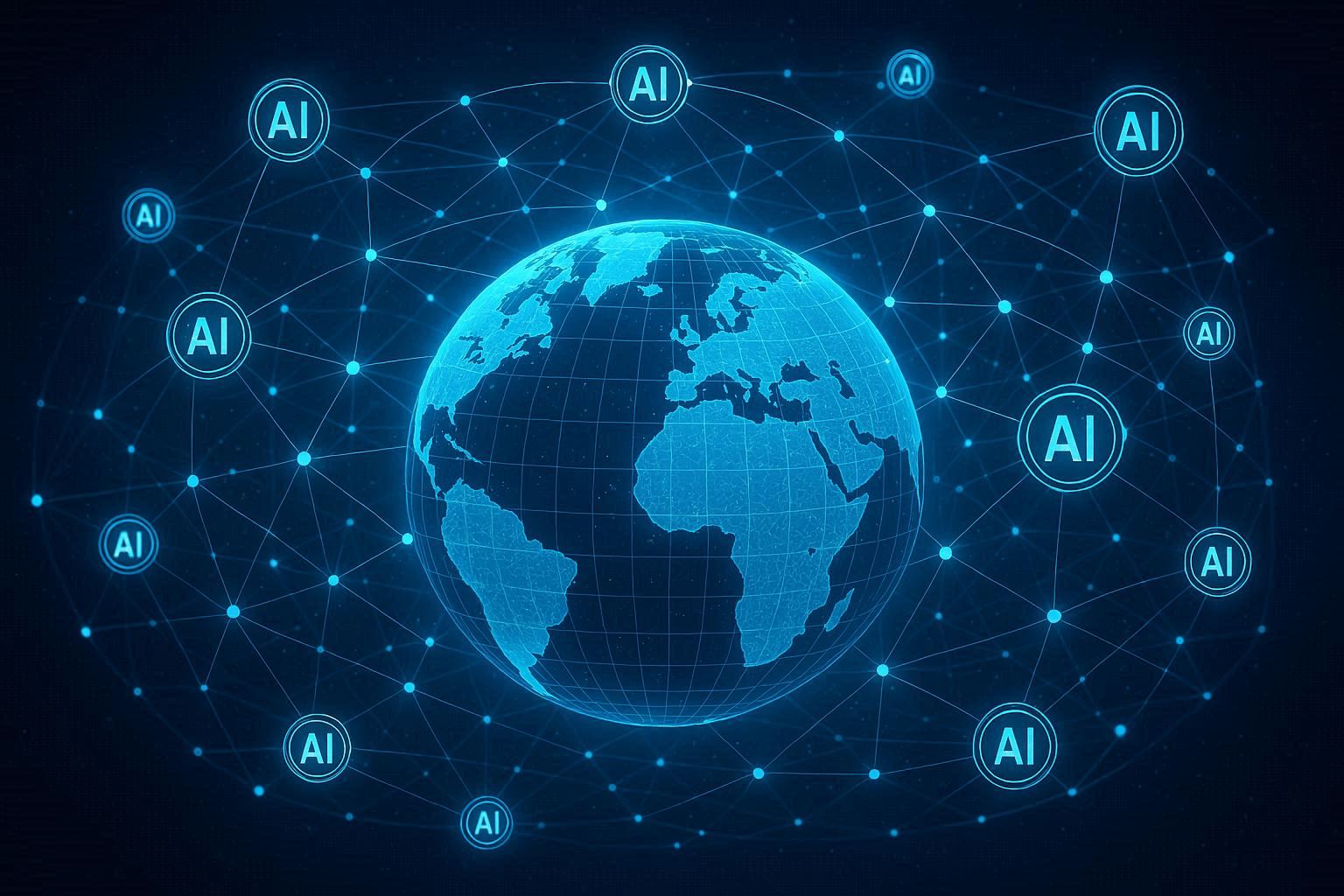 Visual representation of global digital networks with AI nodes