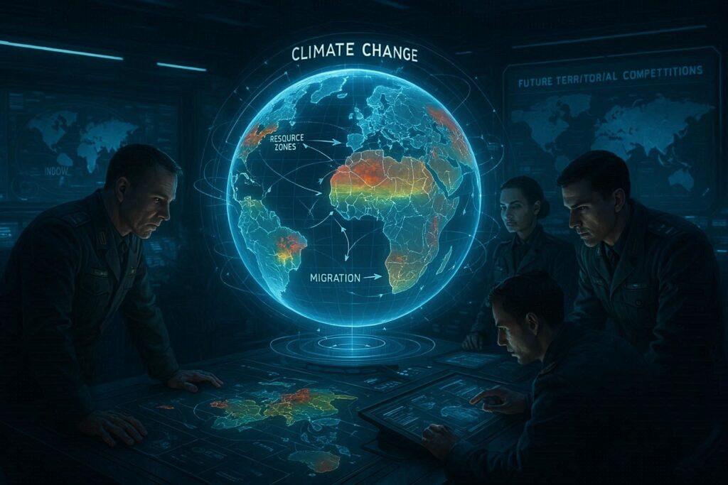 Futuristic strategic planning room with holographic globe showing climate change impacts, resource zones, and migration patterns, military strategists analyzing future territorial competitions, sci-fi realism style with sophisticated technology