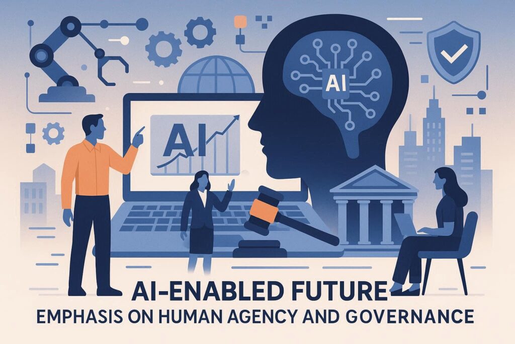 Forward-looking visualization of AI-enabled future with emphasis on human agency and governance]