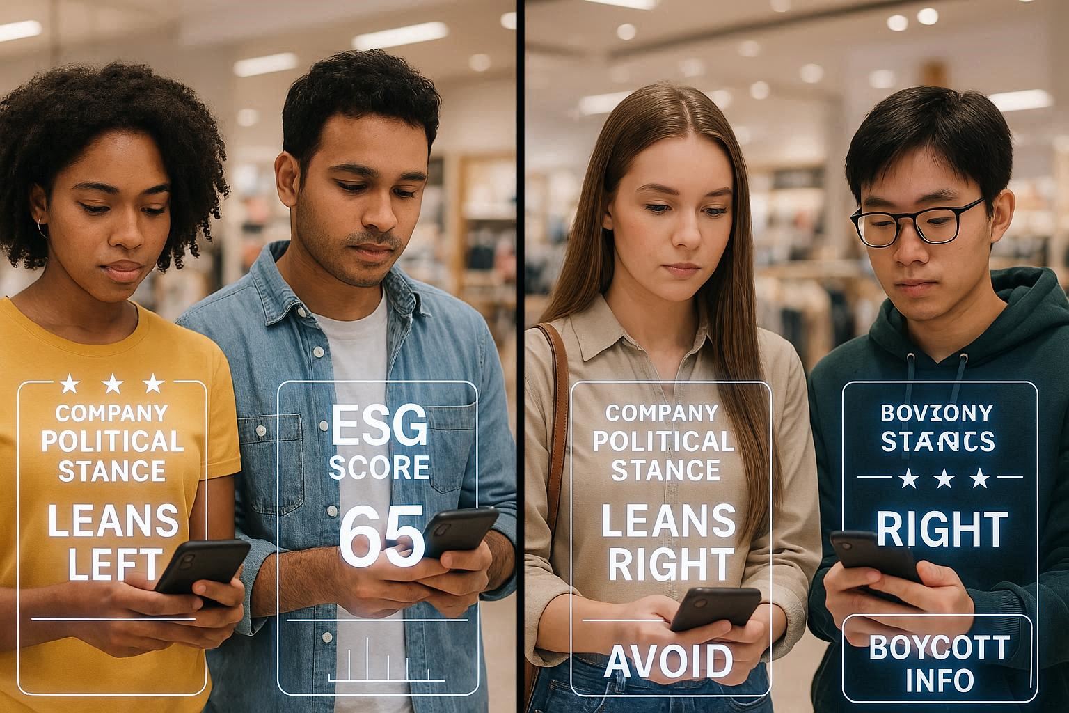 Split screen showing young consumers using phones to research brands while shopping