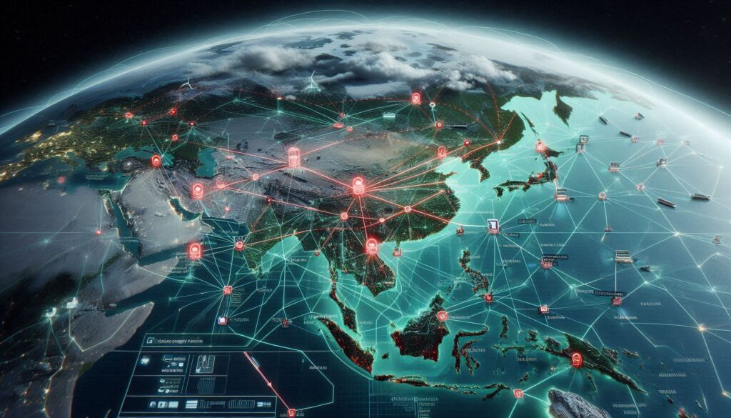 Global supply chain map showing disruption points and alternative routes