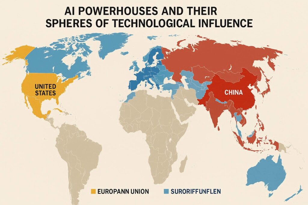  World map highlighting AI powerhouses and their spheres of technological influence