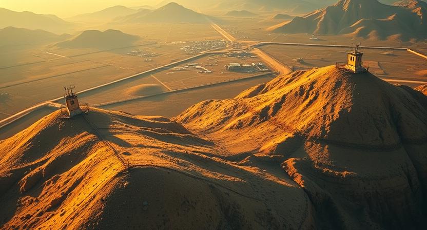 Aerial view of contested border region with military installations on both sides, barbed wire fencing, watchtowers, dramatic landscape showing territorial division, golden hour lighting, documentary photography style conveying geopolitical tension