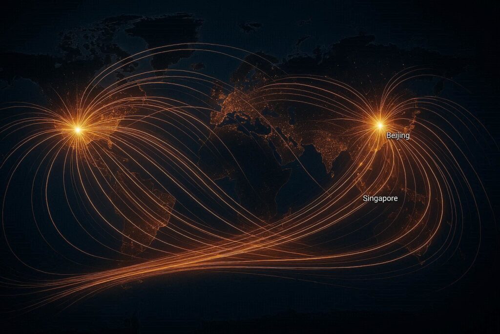 Photorealistic image of a futuristic war room with holographic displays showing global AI networks and data flows, military commanders analyzing screens, dramatic blue lighting, conveying strategic importance and tension, cinematic style