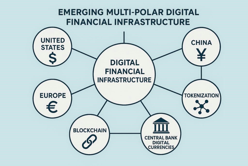 Network diagram showing emerging multi-polar digital financial infrastructure