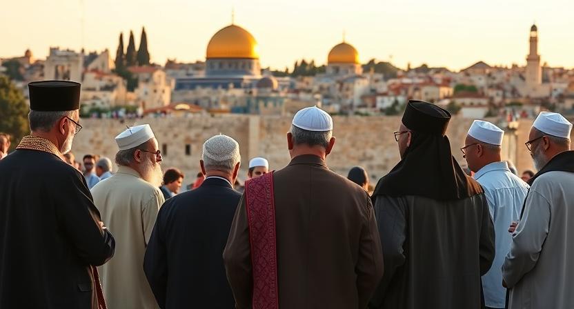 Interfaith gathering showing Jewish, Muslim and Christian religious leaders standing together in Jerusalem, historic religious sites in background, golden hour lighting, respectful and peaceful atmosphere