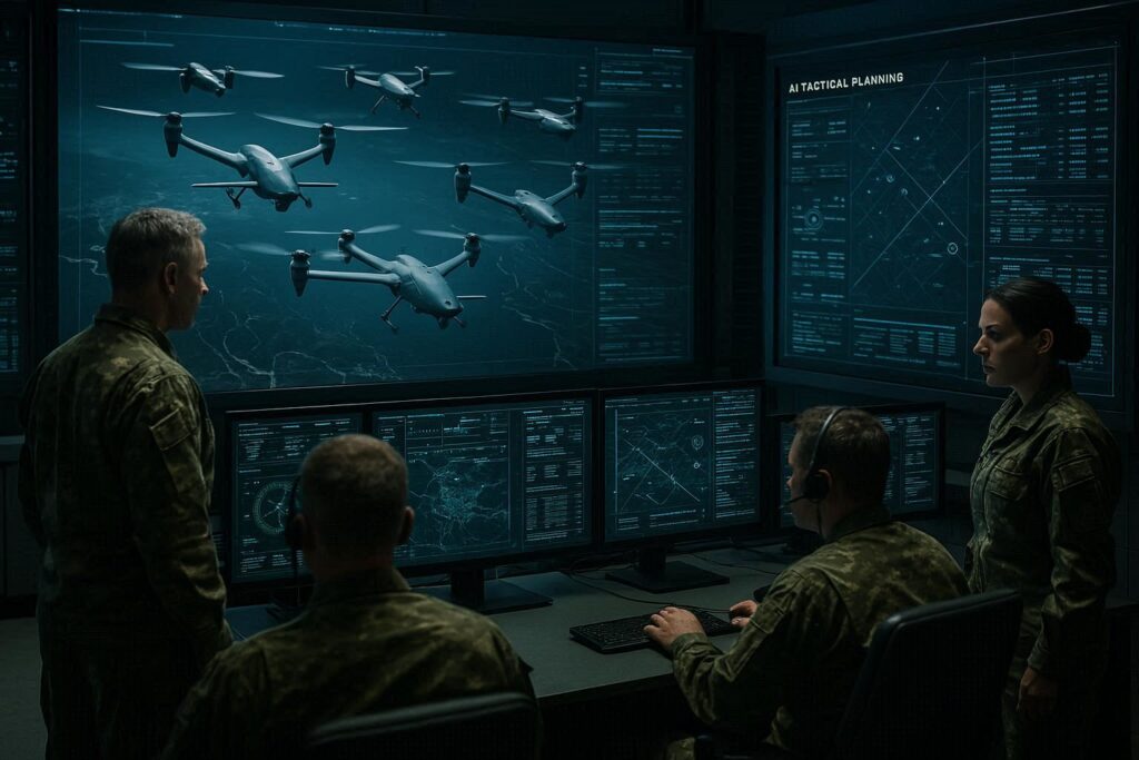 Advanced military command center with autonomous drone fleet display, AI tactical planning screens, and officers monitoring operations, futuristic military technology, professional military photography style, conveying strategic superiority