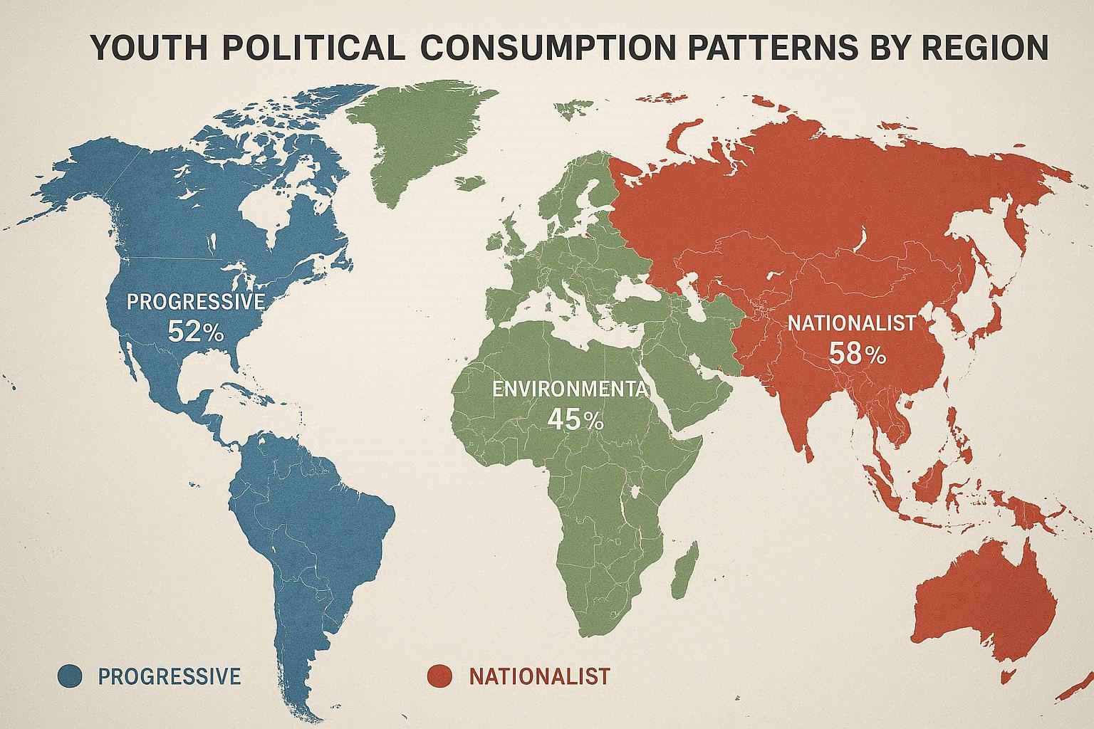 Global map showing different youth political consumption patterns by region