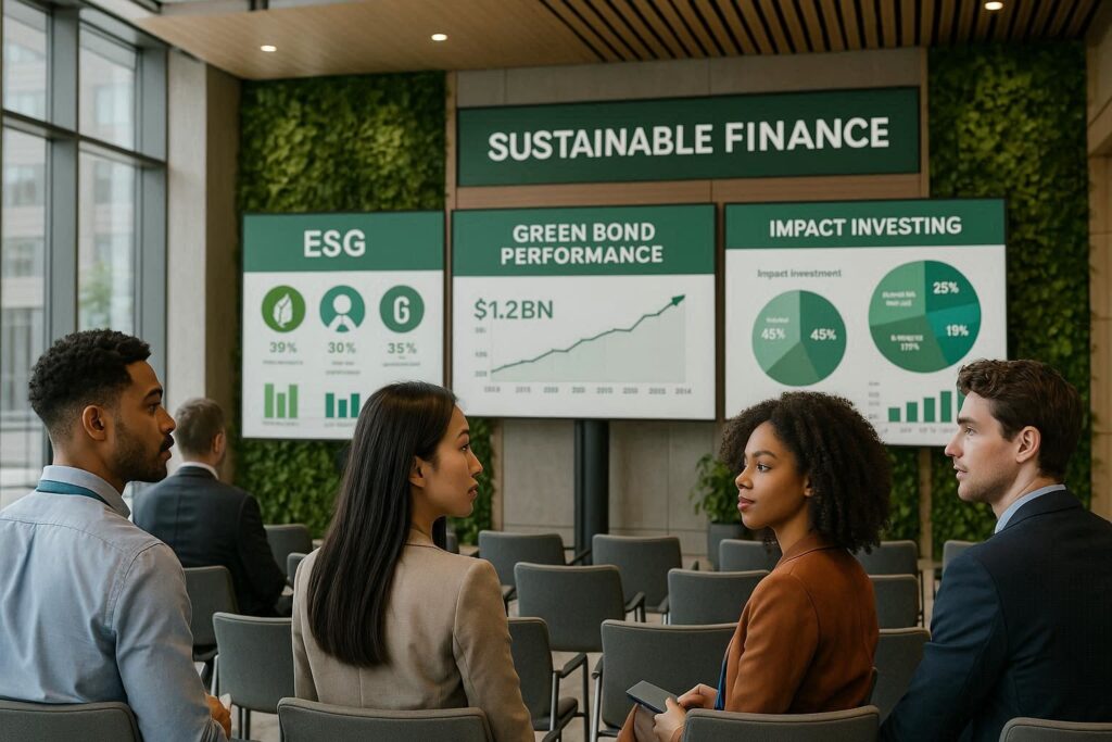 Young investors at sustainable finance conference with ESG data displays