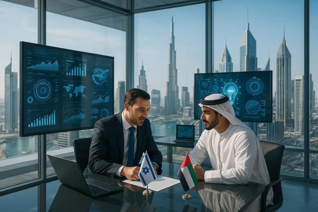 Futuristic business district showing Israeli and Emirati businesspeople collaborating in modern glass office, Dubai skyline visible through windows, technology screens showing data and innovation, professional photography style