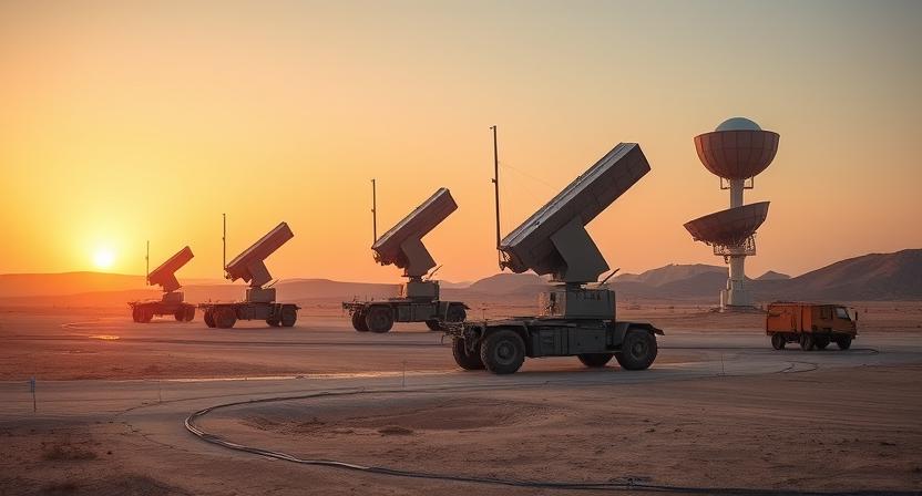 Military defense systems and radar installations in desert landscape, symbolic representation of regional security cooperation, professional military photography style, sunset lighting, showing strength and protection