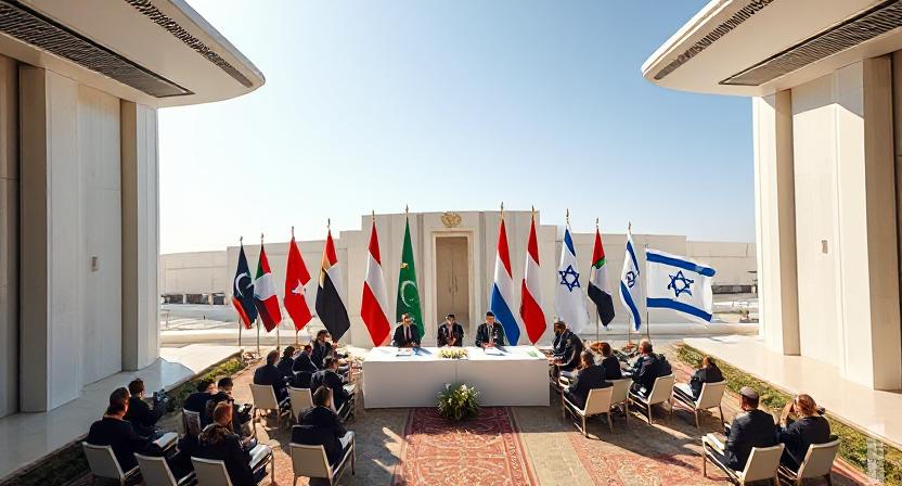 Modern aerial view of Abraham Accords signing ceremony, wide angle, official diplomatic event, flags of UAE, Bahrain, Israel and USA, bright daylight, historical moment, photorealistic style