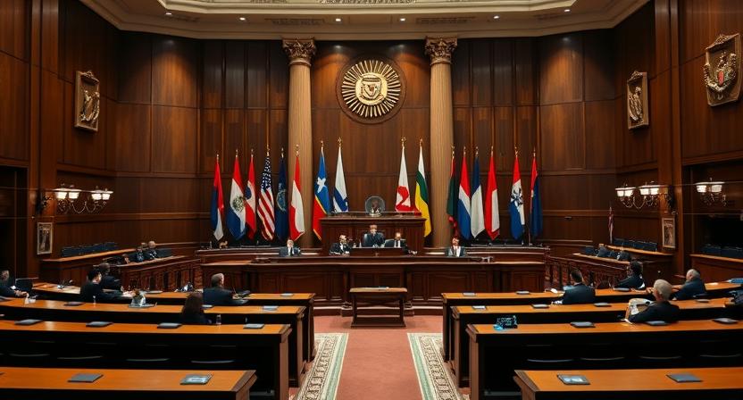 International court or diplomatic chamber with flags of nations, judges or diplomats at elevated benches, formal proceedings underway, representing institutional responses to territorial disputes, professional architectural photography