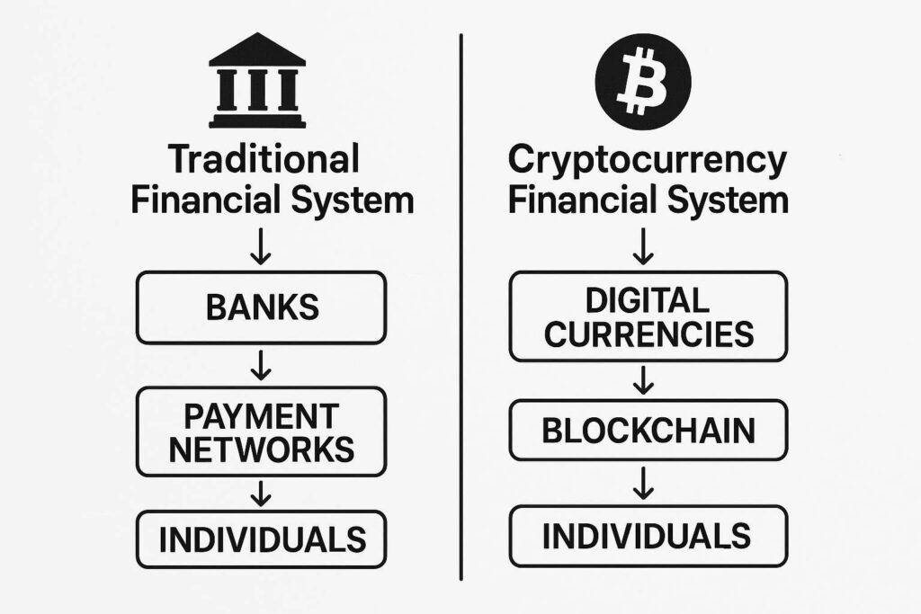 Diagram showing parallel traditional and cryptocurrency financial systems