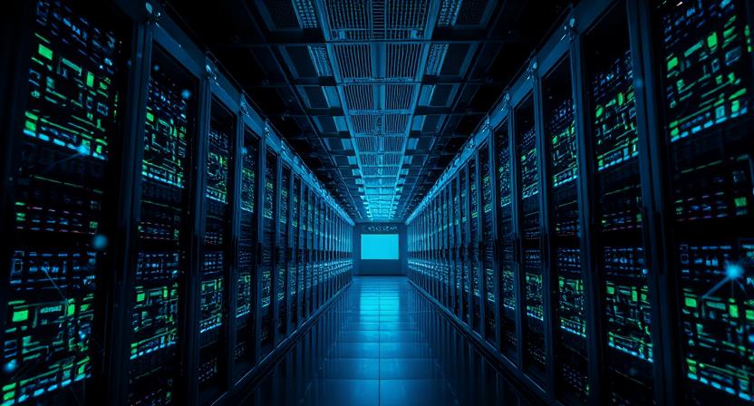 Modern server farm interior with rows of computer servers extending to infinity, overlaid with holographic AI neural network patterns, cool blue and green lighting, representing computational power and technological infrastructure, high-tech photography