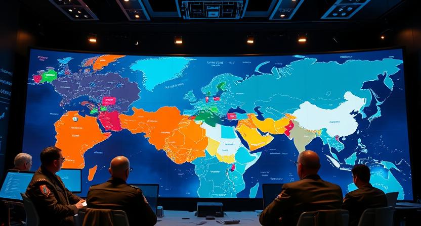Strategic war room with large digital map showing spheres of influence in different colors, military and political leaders analyzing territorial strategies, modern technology meets traditional strategy, professional lighting, high-tech command center