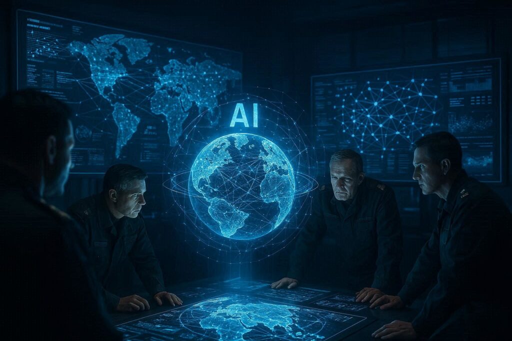 Photorealistic image of a futuristic war room with holographic displays showing global AI networks and data flows, military commanders analyzing screens, dramatic blue lighting, conveying strategic importance and tension, cinematic style