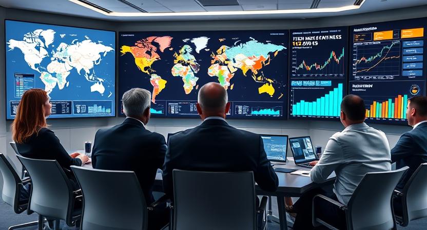  Corporate boardroom with executives analyzing geopolitical risk maps and data